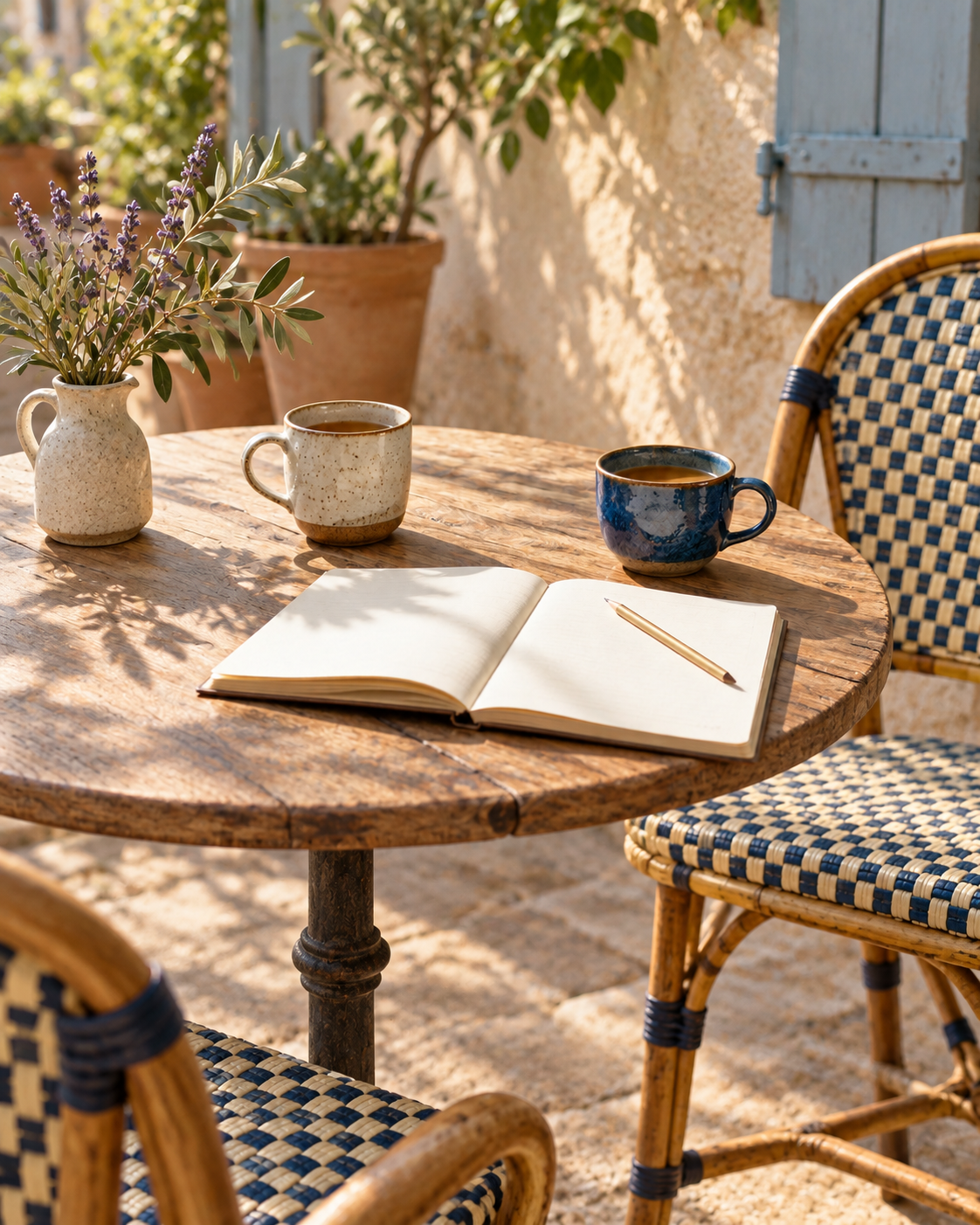 Two cups and an open notebook at a weathered French café table, with blue-and-cream woven chairs, lavender, and pale blue shutters.